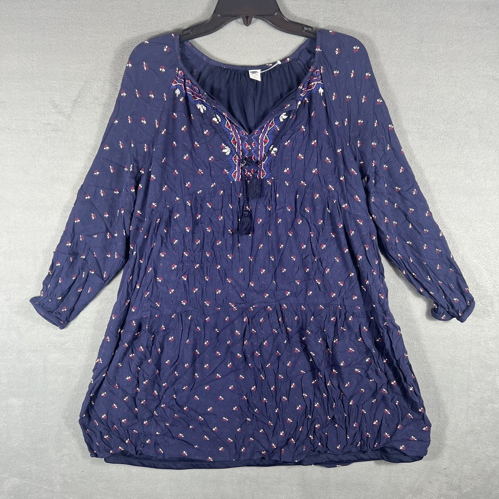 Old Navy Women's L Large Navy Blue Embroidered Tie Neck Tassel Peasant Tunic